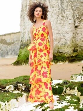 Ro&Zo Yellow+Cerise Floral Strappy Tiered Lined Chiffon Maxi Dress SZ 14UK 10US